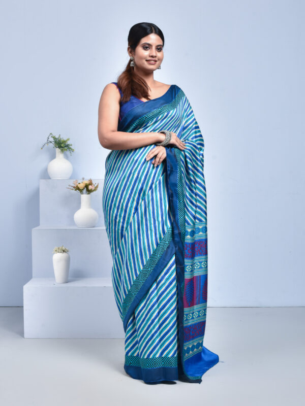 Blue Striped Manipuri Semi Silk Saree - Image 3