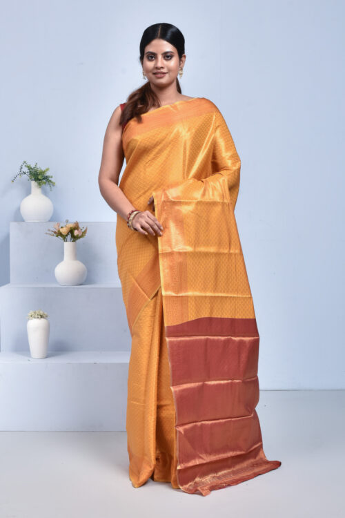 Golden Yellow Fish Scale Design Semi Silk Kanjeevaram Saree
