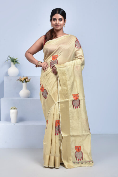Beige Owl Design Hand Embroidered Chanderi Saree