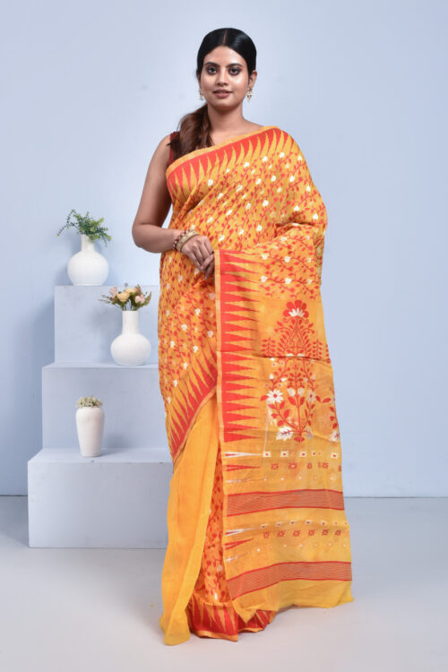 Yellow Jamdani Design Banaras Cotton Silk Saree