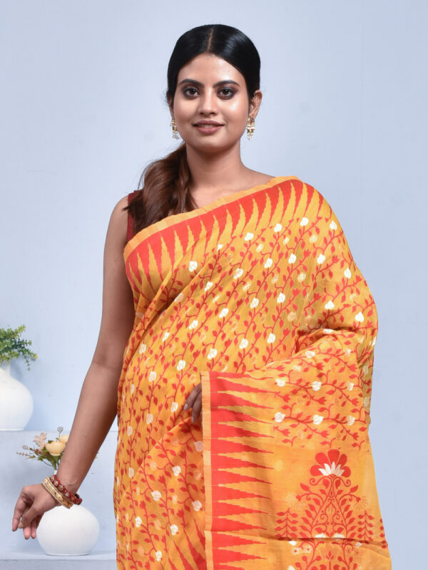 Yellow Jamdani Design Banaras Cotton Silk Saree - Image 5