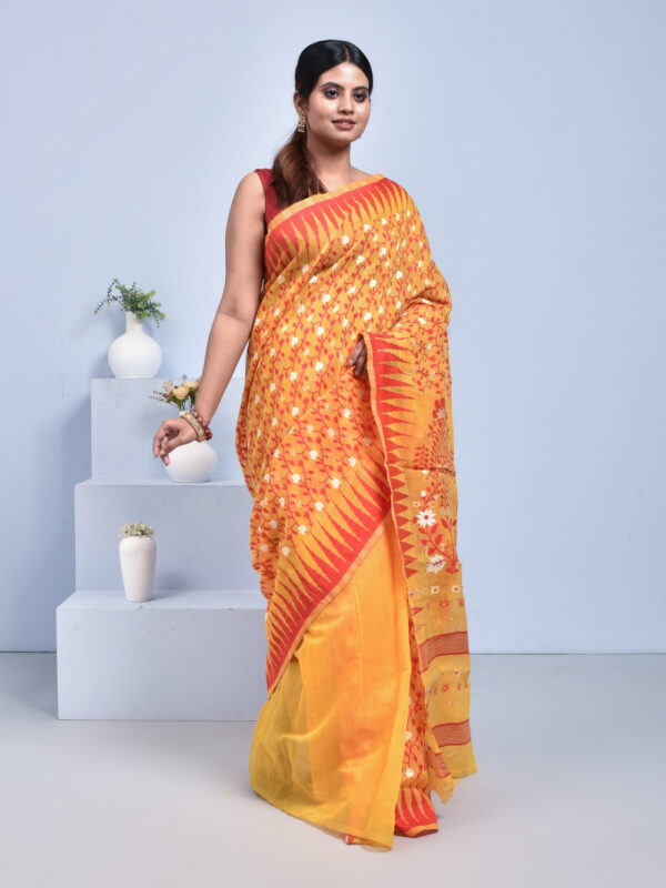 Yellow Jamdani Design Banaras Cotton Silk Saree - Image 3