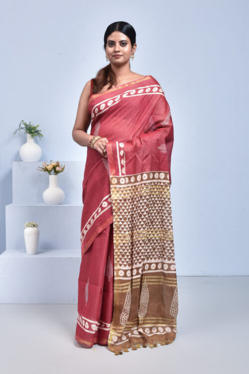 Brick Red Block Print Bhagalpur Linen Saree