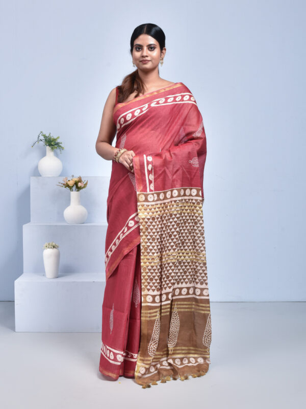 Brick Red Block Print Bhagalpur Linen Saree