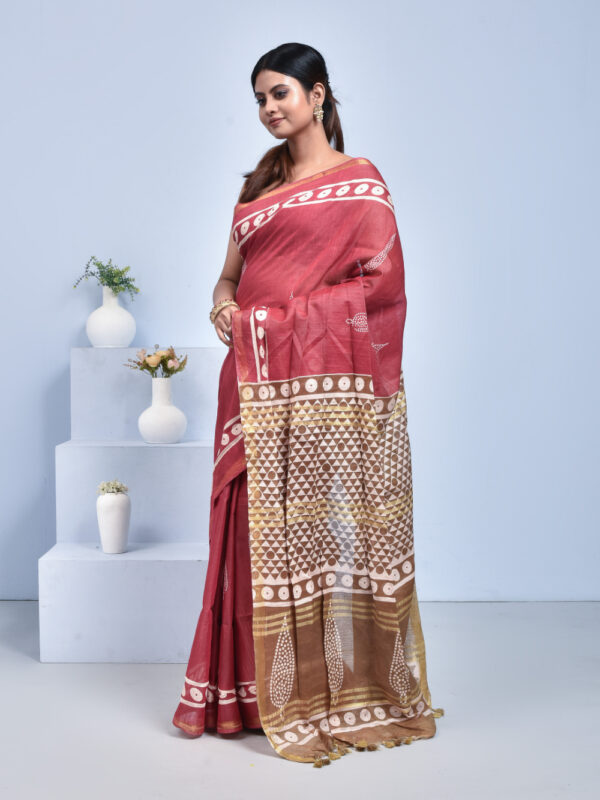 Brick Red Block Print Bhagalpur Linen Saree - Image 4