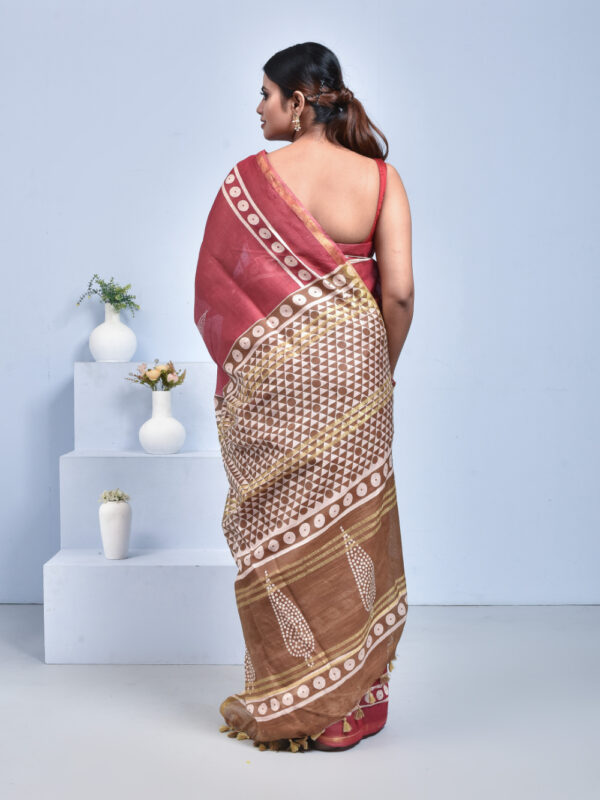 Brick Red Block Print Bhagalpur Linen Saree - Image 2