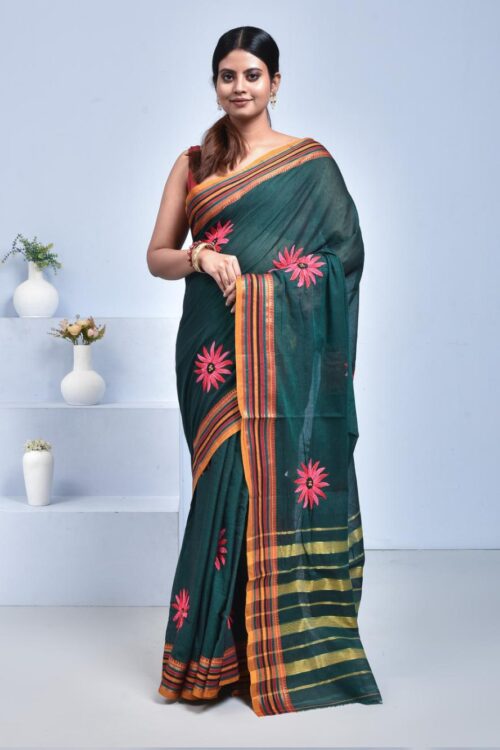 Viridian Green South Cotton Saree with Hand Embroidered Gerbera Design