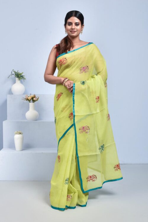 Lemon Yellow Pure Cotton Saree with Hand Embroidered Elephant Design