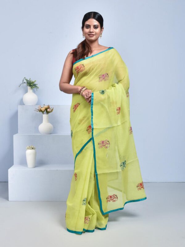Lemon Yellow Pure Cotton Saree with Hand Embroidered Elephant Design