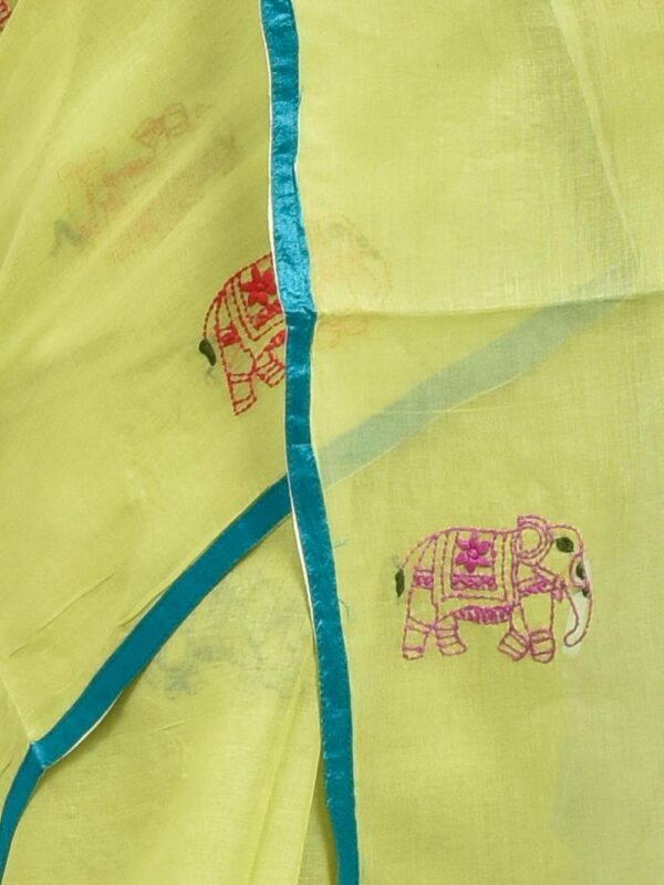 Lemon Yellow Pure Cotton Saree with Hand Embroidered Elephant Design - Image 6