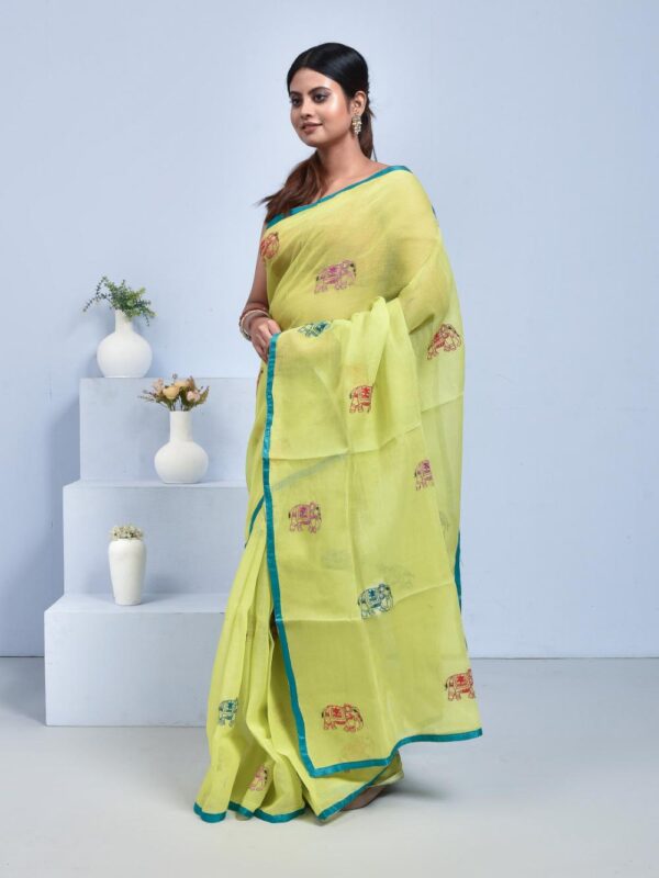Lemon Yellow Pure Cotton Saree with Hand Embroidered Elephant Design - Image 4