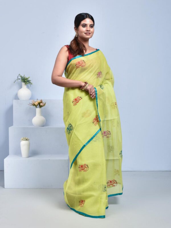 Lemon Yellow Pure Cotton Saree with Hand Embroidered Elephant Design - Image 3