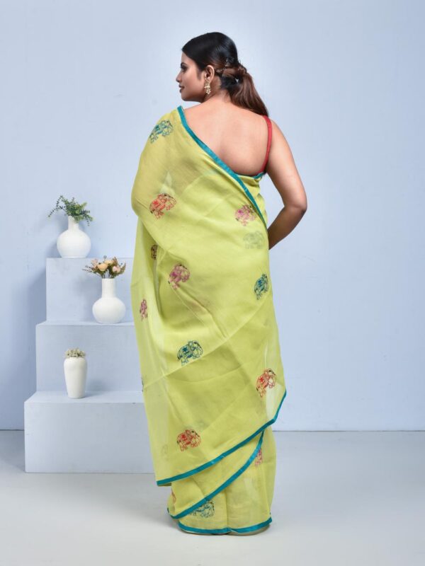 Lemon Yellow Pure Cotton Saree with Hand Embroidered Elephant Design - Image 2