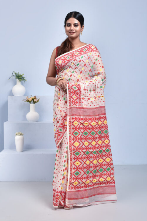 Red White Dhakai Muslin Saree