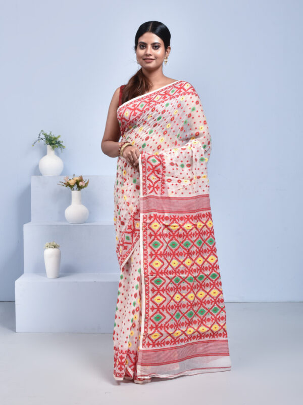 Red White Dhakai Muslin Saree