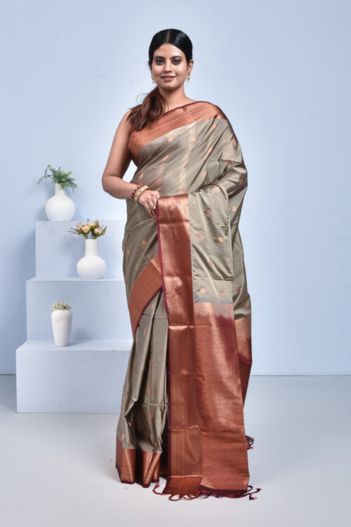 Gray Hand Woven Kanjeevaram Silk Saree with Brick Red Border