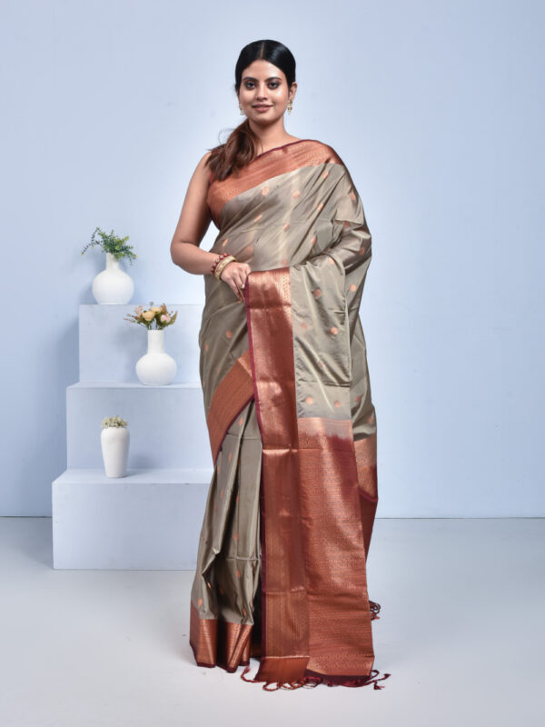 Gray Hand Woven Kanjeevaram Silk Saree with Brick Red Border