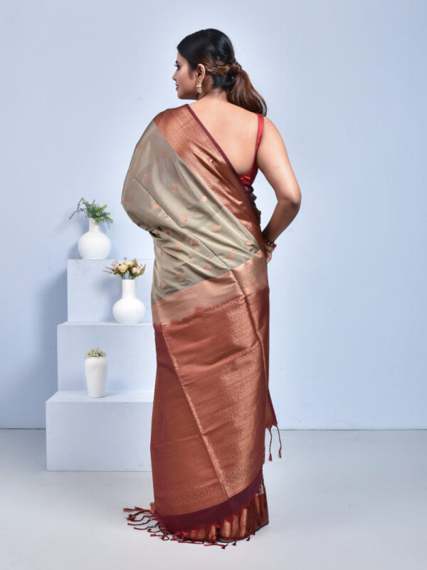 Gray Hand Woven Kanjeevaram Silk Saree with Brick Red Border - Image 2