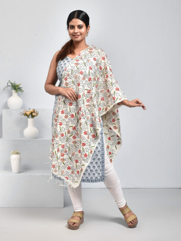 Off White Pure Silk Periwinkle Design Hand Embroidered Dupatta