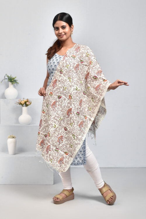 Off White Pure Silk Kolki Design Hand Embroidered Dupatta