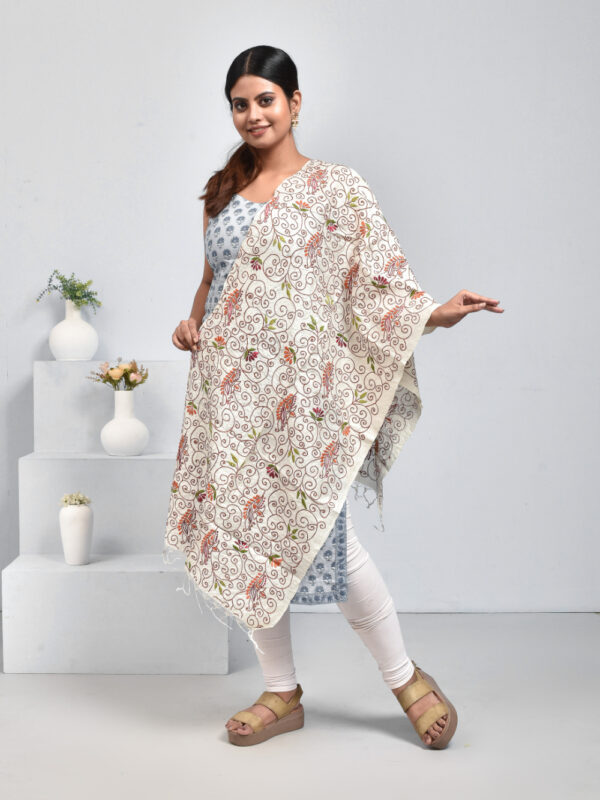 Off White Pure Silk Kolki Design Hand Embroidered Dupatta