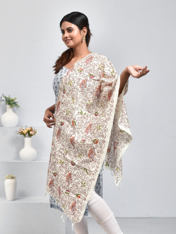 Off White Pure Silk Kolki Design Hand Embroidered Dupatta - Image 2