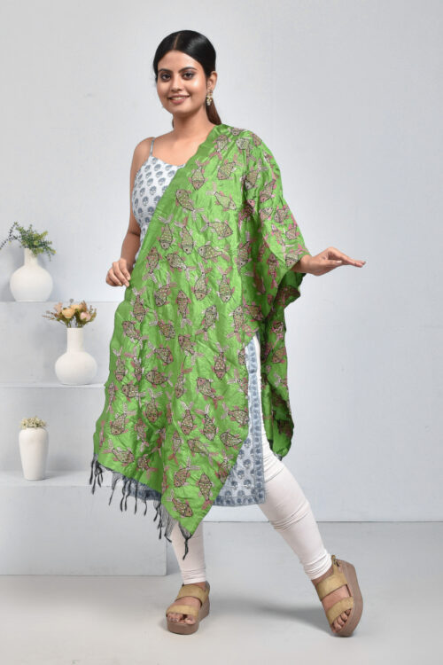 Green Pure Silk Fish Design Hand Embroidered Dupatta