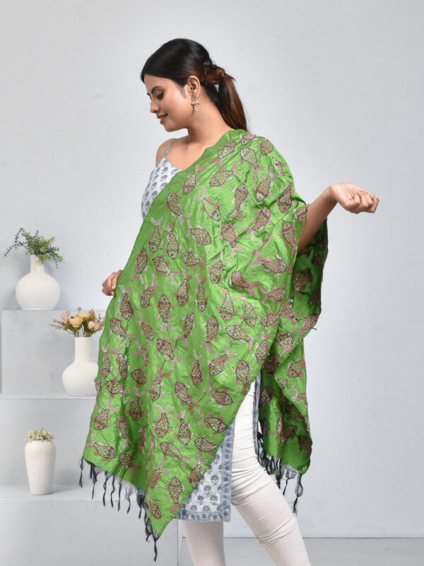 Green Pure Silk Fish Design Hand Embroidered Dupatta - Image 2