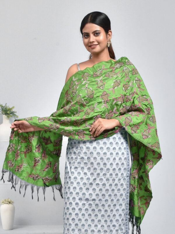 Green Pure Silk Fish Design Hand Embroidered Dupatta - Image 3