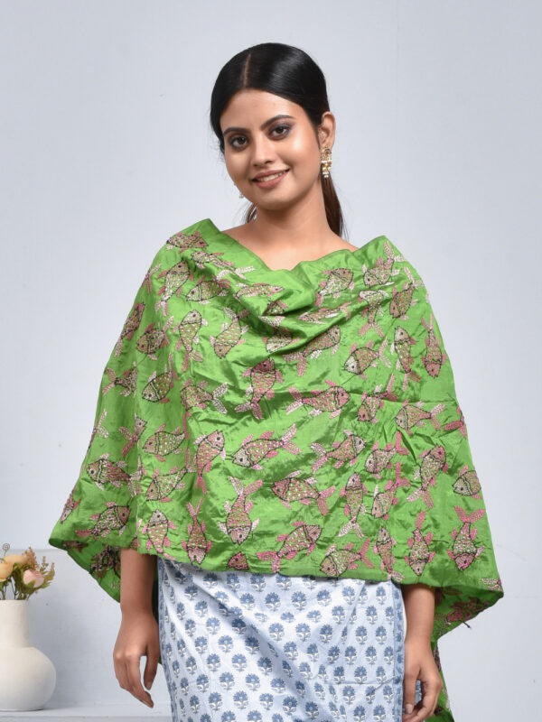 Green Pure Silk Fish Design Hand Embroidered Dupatta - Image 4
