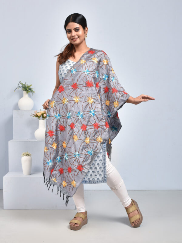 Grey Pure Silk Dahlia Flower Design Hand Embroidered Dupatta