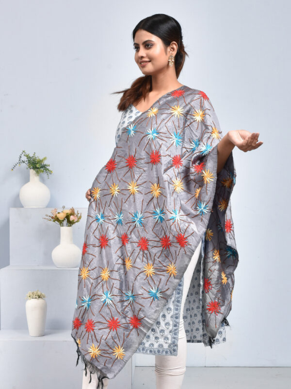 Grey Pure Silk Dahlia Flower Design Hand Embroidered Dupatta - Image 2