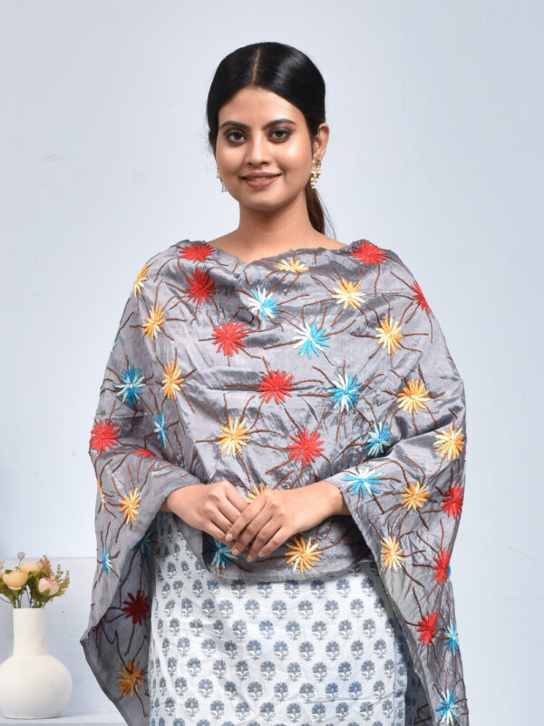 Grey Pure Silk Dahlia Flower Design Hand Embroidered Dupatta - Image 4