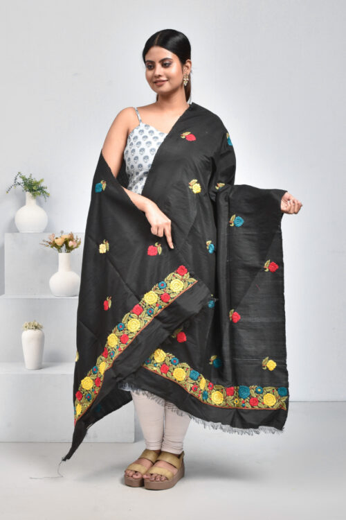 Black Flower Design Parsi Hand Embroidered Semi Silk Dupatta