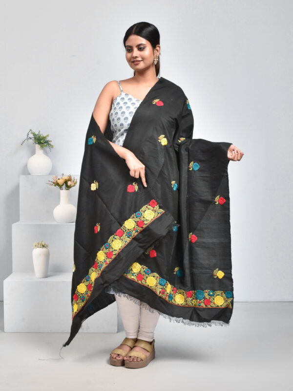 Black Flower Design Parsi Hand Embroidered Semi Silk Dupatta