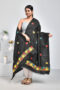 Black Flower Design Parsi Hand Embroidered Semi Silk Dupatta
