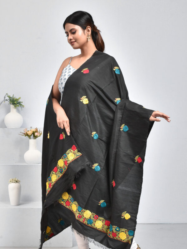 Black Flower Design Parsi Hand Embroidered Semi Silk Dupatta - Image 2