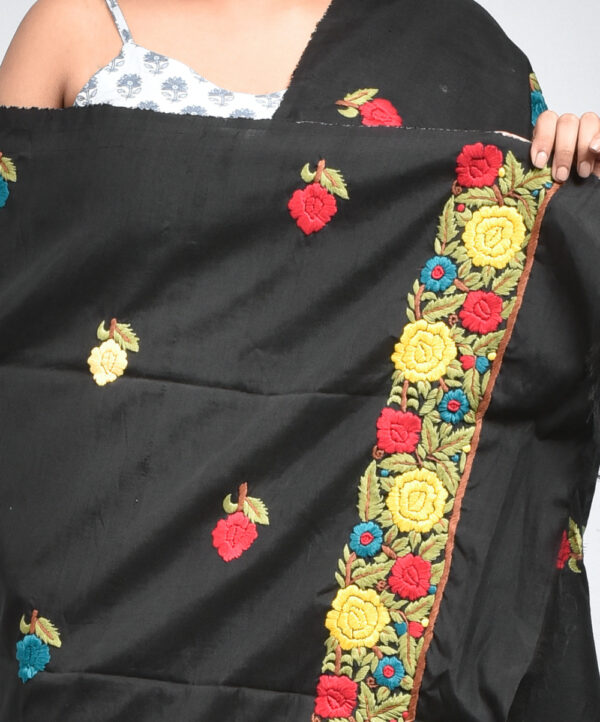 Black Flower Design Parsi Hand Embroidered Semi Silk Dupatta - Image 4