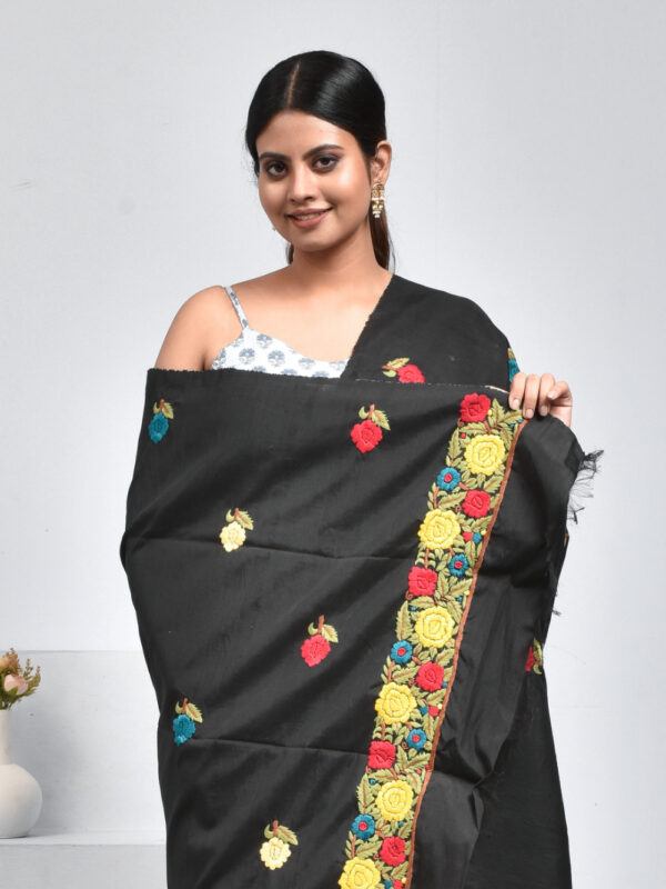Black Flower Design Parsi Hand Embroidered Semi Silk Dupatta - Image 3