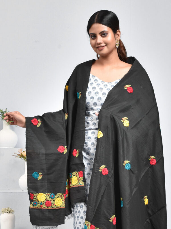 Black Flower Design Parsi Hand Embroidered Semi Silk Dupatta - Image 5