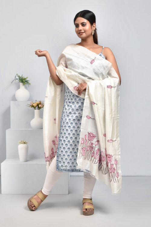 Off-White Pure Silk Lotus Design Hand Embroidered Dupatta