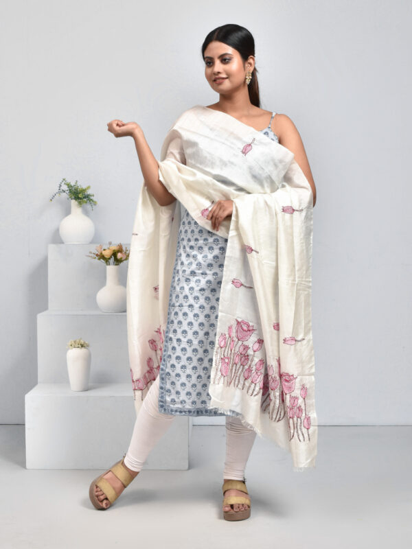 Off-White Pure Silk Lotus Design Hand Embroidered Dupatta