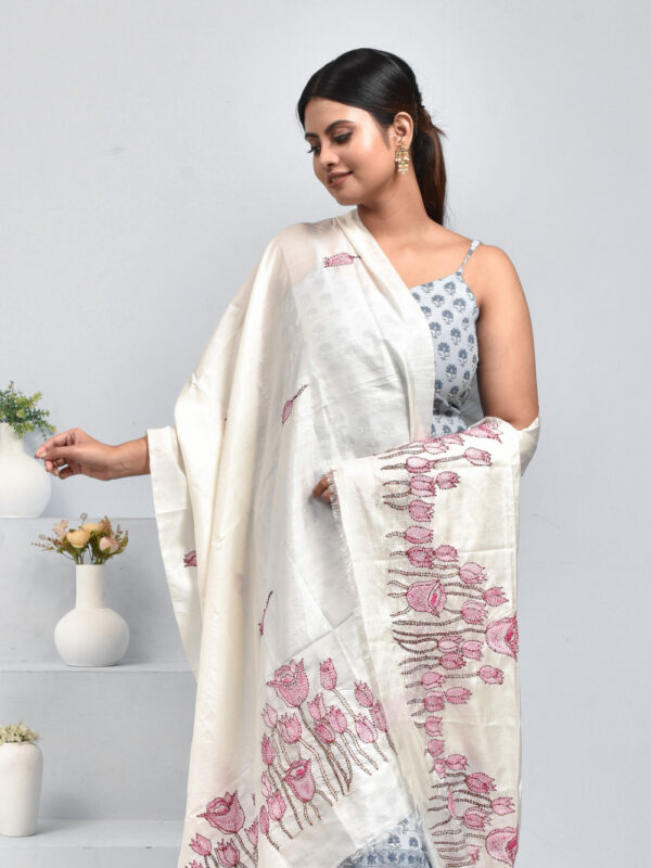 Off-White Pure Silk Lotus Design Hand Embroidered Dupatta - Image 2