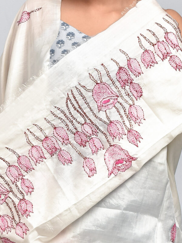 Off-White Pure Silk Lotus Design Hand Embroidered Dupatta - Image 4