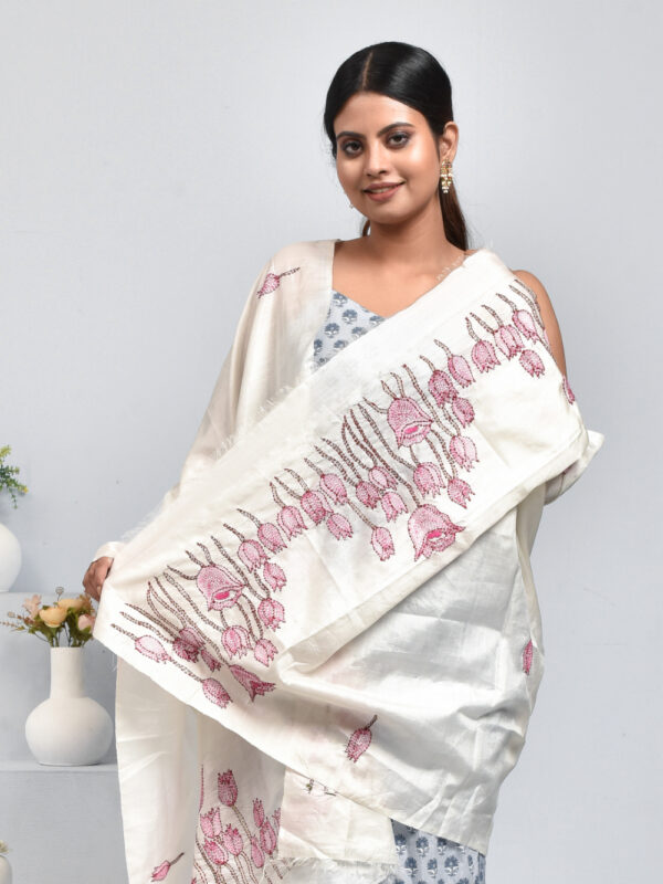 Off-White Pure Silk Lotus Design Hand Embroidered Dupatta - Image 5