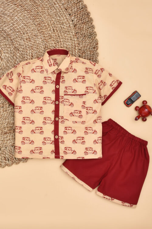 Peach Car Design Printed Cotton Shirt & Pant Set