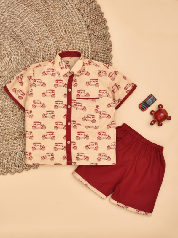 Peach Car Design Printed Cotton Shirt & Pant Set