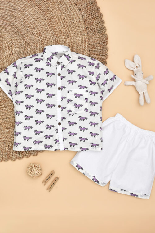 White Horse Design Printed Cotton Shirt & Pant Set