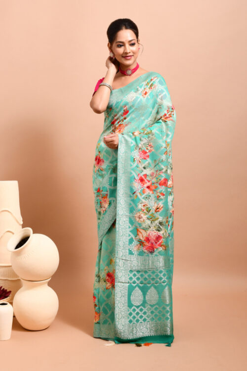 Green Floral Printed Banaras Khaddi Goergette Saree