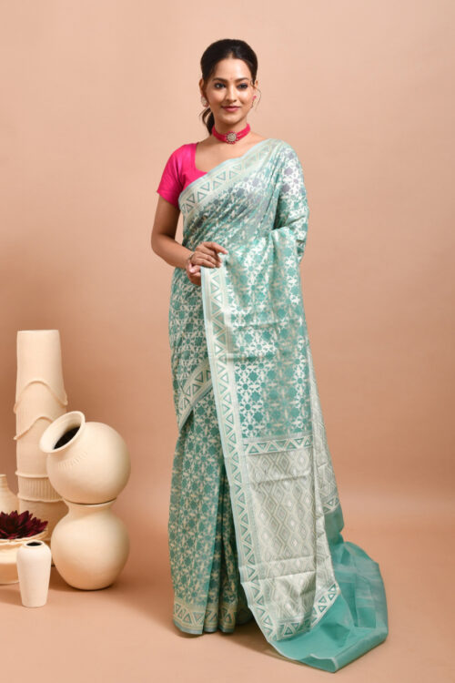 Sea Green Geometric Design Banaras Kora Silk Saree